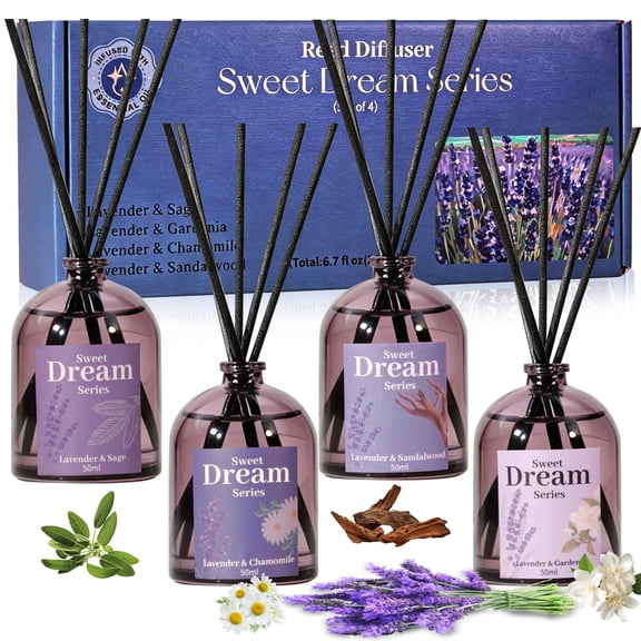 LA BELLEFÉE Reed Diffuser Set, 4-Pack 4x50ml, Lavender Essential Oil Infused with Gardenia, Sage, Chamomile & Sandalwood Scents Home Fragrance