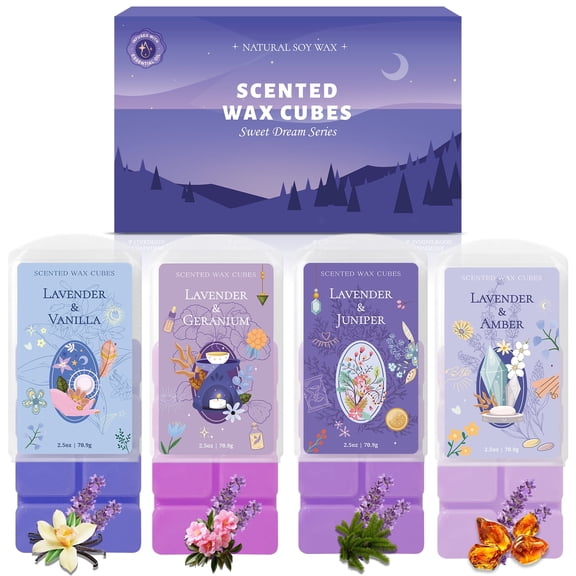 LA BELLEFÉE Scented Wax Melts 4 Pack, Lavender & Amber Vanilla Juniper Geranium Scents 4 x 2.5oz, Long-Lasting Wax Cubes for Home, Sleeping, Relaxation