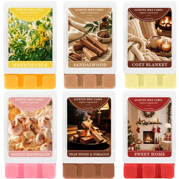 LA BELLEFÉE Scented Wax Melts 6 Pack, Sandalwood, Teak Wood&Tobacco, Honeysuckle, Cozy Blanket, Roasted Marshmallow, Sweet Home, Soy Wax Cubes for Warmers