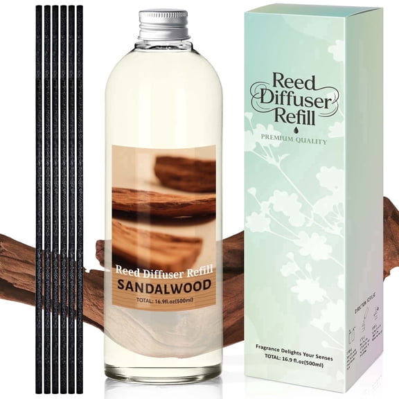 LA BELLEFEE Sandalwood Reed Diffuser Refill, with 6 Reed Sticks, 16.9 oz Large Capacity, Woody Scent Air Freshener for Home, Bedroom, Bathroom & Hotel
