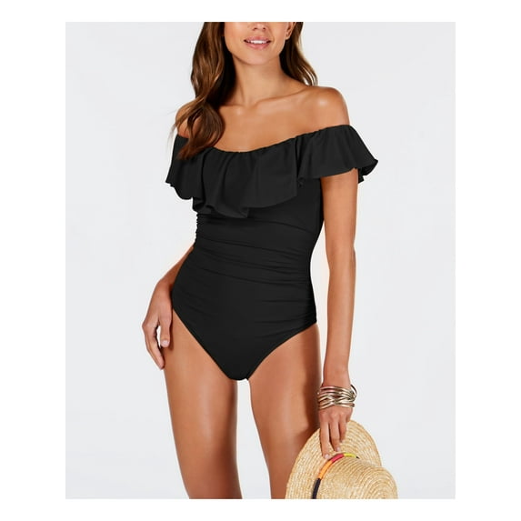 LA BLANCA Women's Black Stretch Tummy Control Lace-up cutout Lined Moderate Coverage Ruffled Island Goddess Off The Shoulder One Piece Swimsuit 4