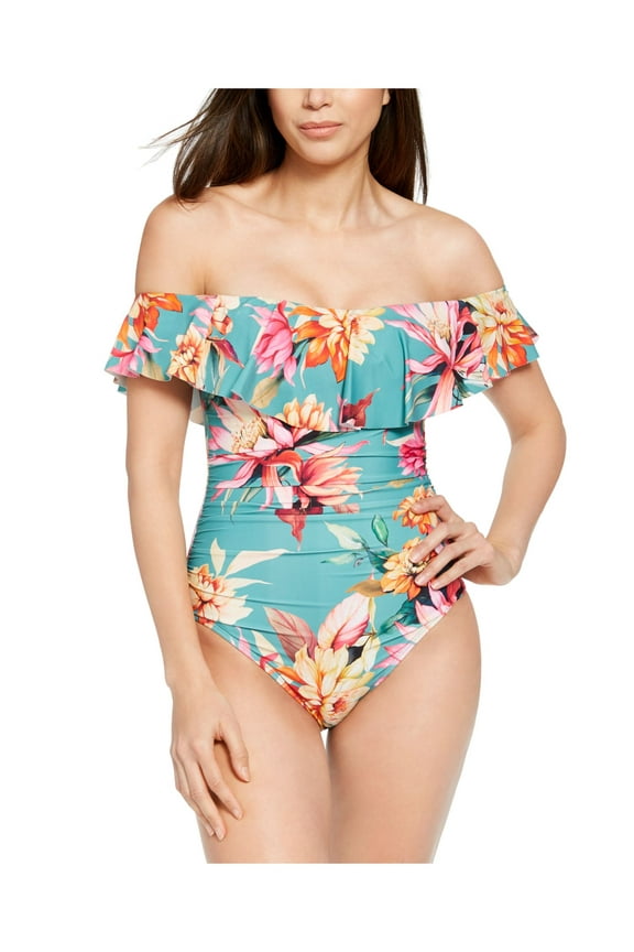 Women's Blue Floral Stretch Lined Lace-up Back Ruched Ruffled Molded Cup Garden Off The Shoulder One Piece Swimsuit 6