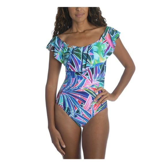 LA BLANCA Women's Blue Printed Off The Shoulder One Piece Swimsuit 16