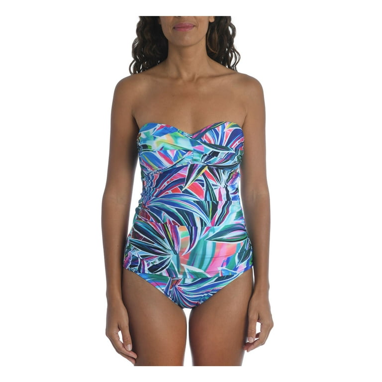 LA BLANCA Women s Blue Printed Twist Front Bandeau Tankini Swimsuit Top 6