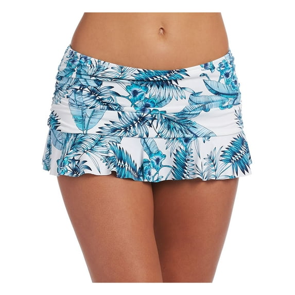 LA BLANCA Women's Turquoise Palm Print Stretch Lined Ruffled Moderate Coverage Shirred Tranquility Palm Swim Skirt Swimsuit Bottom 12