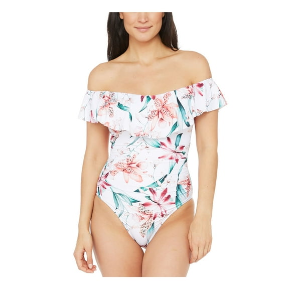 LA BLANCA Women's White Floral Stretch Allover Slimming Strappy Back Cutout Ruched Ruffled Full Coverage One Piece Swimsuit 4