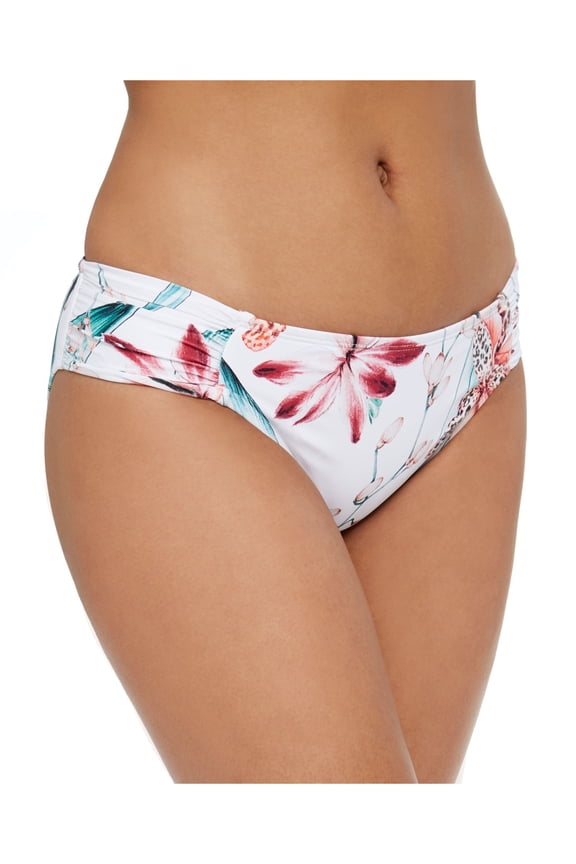 Women's White Printed Stretch Ruched Sides Lined Moderate Coverage Hipster Swimsuit Bottom 16