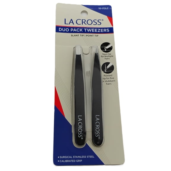 LA Cross Tweezers Duo Pack, Slant Tip and Point Tip Stainless Steel Precision Tweezers Set for Eyebrow Shaping, Hair Removal and Grooming