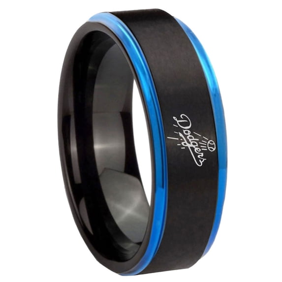 LA Dogers MLB Baseball Step Edge Black And Blue Tungsten Ring 10MM