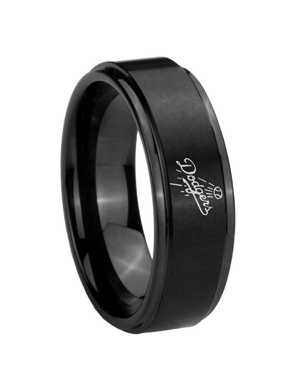 LA Dogers MLB Baseball Step Edge Brush Black Tungsten Ring 10MM