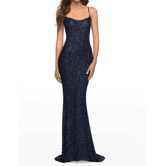 LA FEMME Women's Navy Unique Print Sequin Gown, 10