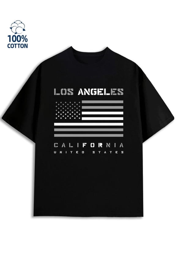 Greenink LA Flag Tee mens Los Angeles 180G 100% Cotton black usa graphics Fashion Unisex Shirt Crewneck tshirts Trendy Unisex Shirt Graphic Tee tshirts Unique Design Unisex Shirt Cotton tshirts