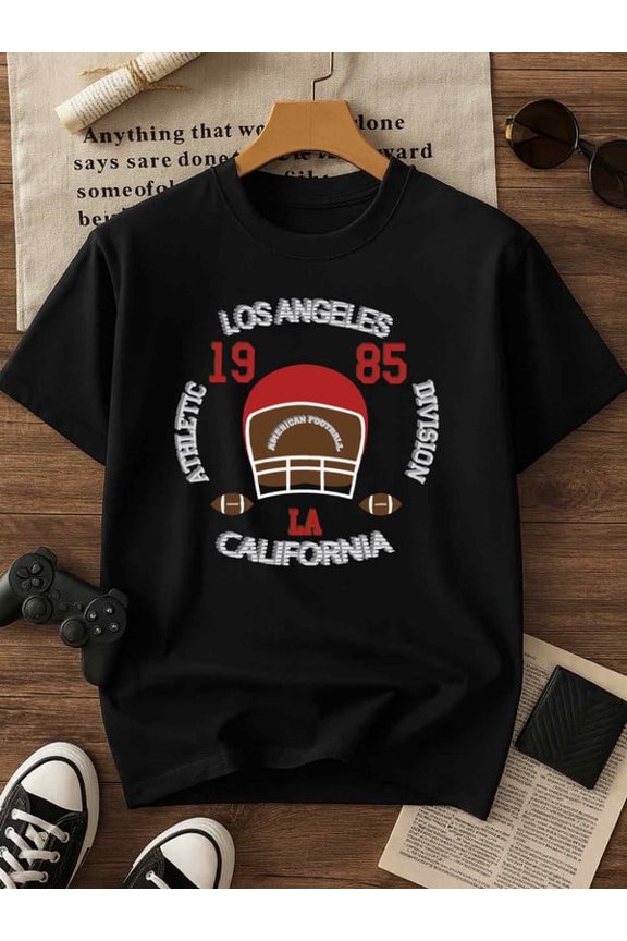 LA Football Tee mens Exercise 180G 100% Cotton black Dumbbell gym Classic Unisex Shirt Printed tshirts Casual Unisex Shirt Graphic tshirts Classic Unisex Shirt Cotton tshirts