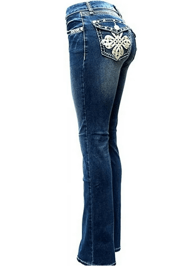 LA Idol Women's Rhinestone Mid Rise Bootcut Jeans, Spandex