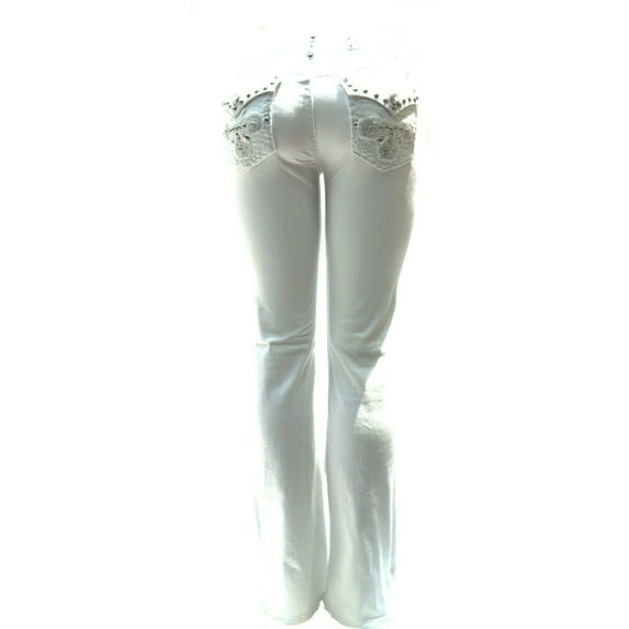 LA Idol Women's Rhinestone Mid Rise Bootcut Stretchy Denim Jeans Pants ( La Idol Bootcut White 4320BT )