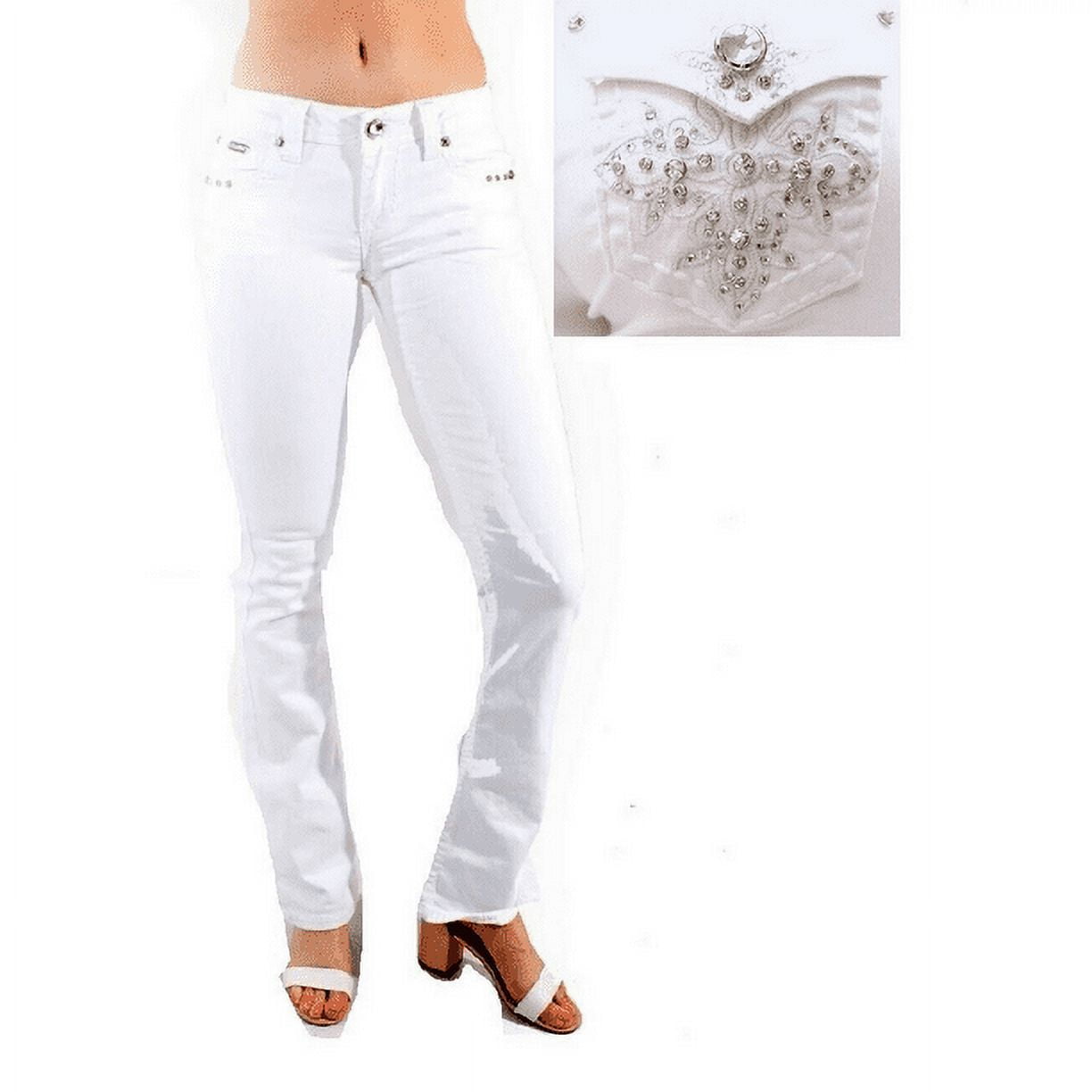 パンツ +DEINET+ SCRATCH DAMAGE BOOTSCUT DENIM PANTS IN WHITE KDCMP4 LA Idol Women's Rhinestone Mid Rise Bootcut Stretchy Denim