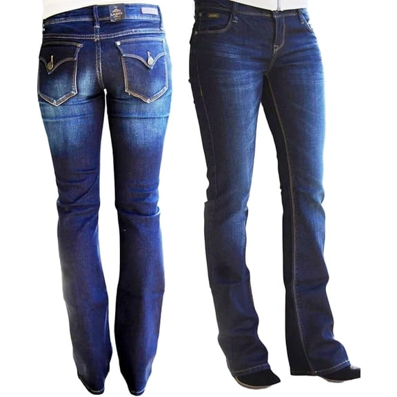 LA Idol Women's Rhinestone Mid Rise Long Bootcut Stretchy Denim Jeans Flap Pocket