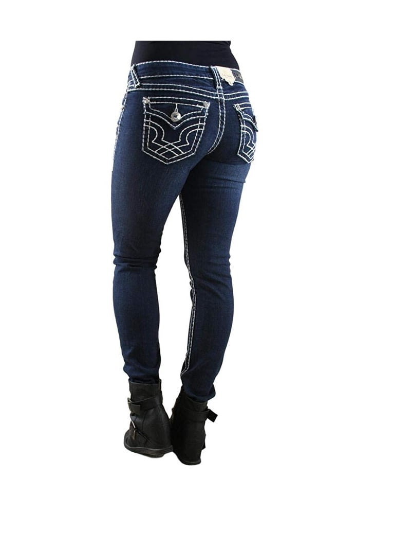 LA Idol Women's Rhinestone Mid Rise Skinny Dark Blue Denim Jeans