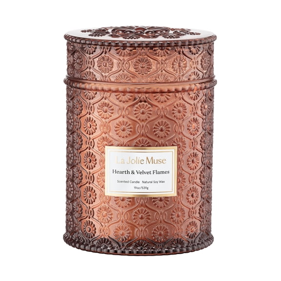LA JOLIE MUSE Hearth & Velvet Flames Candle Saffron, Clove & Vanilla | 19 oz Large Wooden Wick Soy Candle | 90 Hours Clean Burn | Gift-Ready for Any Occasion | Elegant Home Dcor