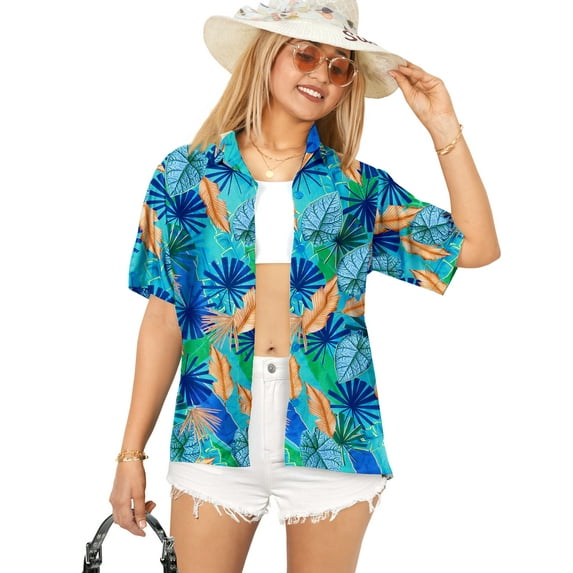 LA LEELA Button Down Shirt for Women Casual Beach Party Blouse Shirt Summer Short Sleeve Tropical Vacation Tops Button up Hawaiian Shirts Blouses for Women S Leaves, Blue
