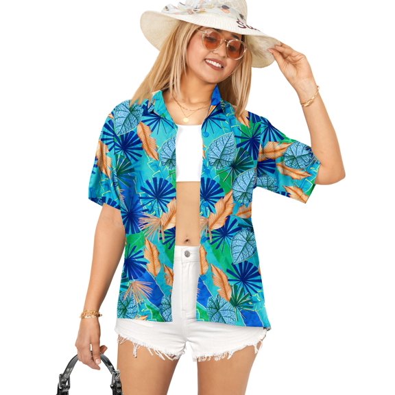 LA LEELA Button Down Shirt for Women Casual Beach Party Blouse Shirt Summer Short Sleeve Tropical Vacation Tops Button up Hawaiian Shirts Blouses for Women S Leaves, Blue