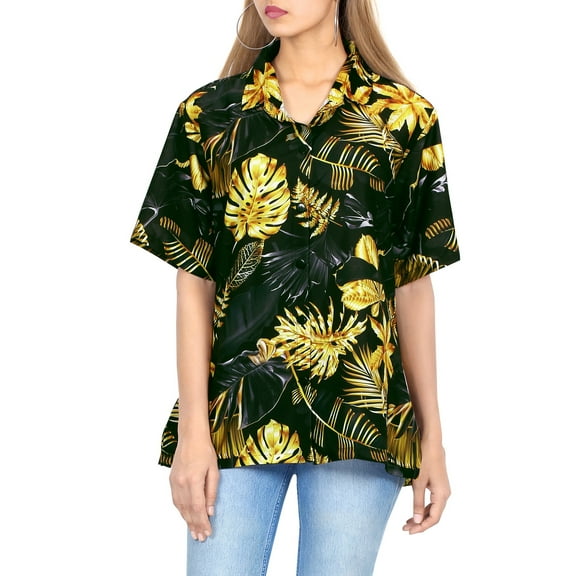 LA LEELA Button Down Shirt for Women Casual Holiday Summer Beach Party Blouse Shirt Collared Blouses Short Sleeve Button up Tee Hawaiian Shirts for Women S Monstera Leaves, Black