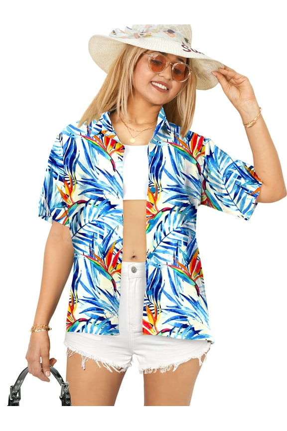 Button Down Shirt for Women Casual Holiday Summer Beach Party Blouses Shirt Blouse Short Sleeve Vacation Tee Hawaiian Shirts Tank Top Women L Crane Flower, White