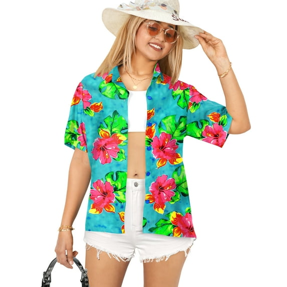 LA LEELA Button Down Shirt for Women Casual Summer Beach Party Blouse Shirt Dressy Blouses Short Sleeve Vacation Hawaiian T Shirts for Women S Hibiscus Flower, Blue
