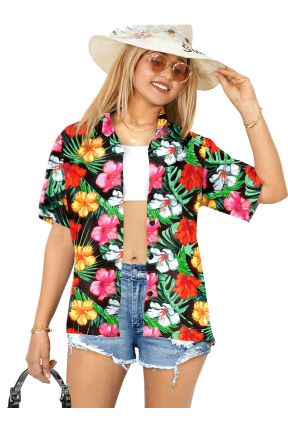 Button Down Shirt for Women Casual Summer Beach Party Blouse Shirt Floral Blouses Short Sleeve Tropical Vacation Hawaiian Shirts for Women XXL Tropical Hibiscus, Black