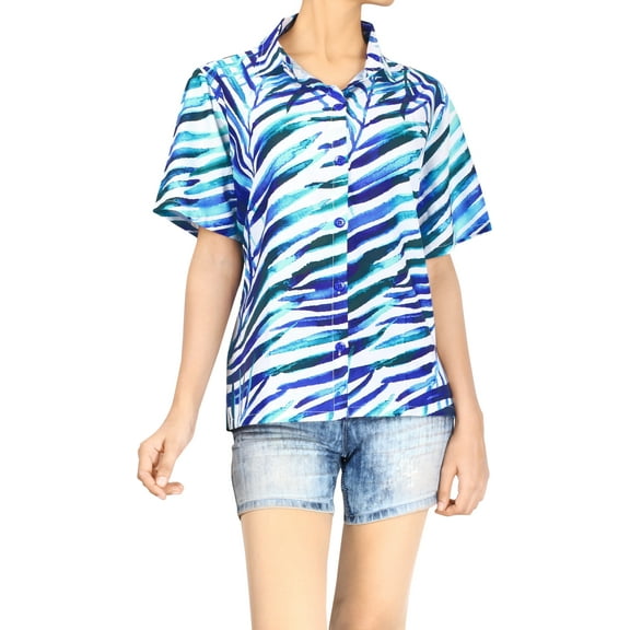 LA LEELA Button Down Shirt for Women Casual Summer Beach Party Blouse Shirt Hawaii Blouses Short Sleeve Vacation Dress Button up Hawaiian Shirts for Women S Cross Stripes, Blue
