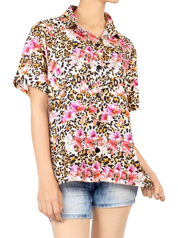 Button Down Shirt for Women Casual Summer Beach Party Blouse Shirt Leopard Print Blouses Short Sleeve Shirts Hawaiian Dresses for Women S Ditsy Floral, Multicoloured