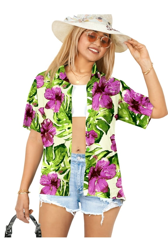 Button Down Shirt for Women Casual Summer Beach Party Short Sleeve Blouse Shirt Floral Blouses Shirts Hawaiian Dresses for Women M Monstera Leafs, Multicoloured