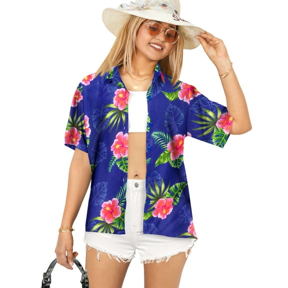 LA LEELA Button Down Shirt for Women Casual Summer Beach Party Short Sleeve Blouse Shirt Tropical Blouses Button up Hawaiian Dresses for Women S Hibiscus Palm, Blue