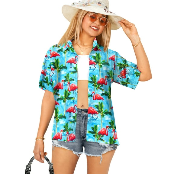 LA LEELA Button Down Shirt for Women Casual Summer Beach Party Short Sleeve Tropical Vacation Blouse Shirt Blouses Hawaiian Shirts Tank Top Women XL Palm Flamingos, Blue