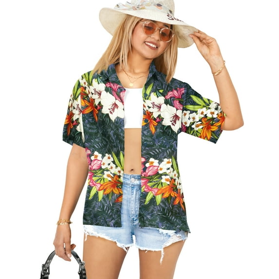 LA LEELA Button Down Shirt for Women Casual Summer Beach Party Short Sleeve Vacation Blouse Shirt Collared Blouses Hawaiian Shirts Tops for Women S Hibiscus Floral, Multicoloured