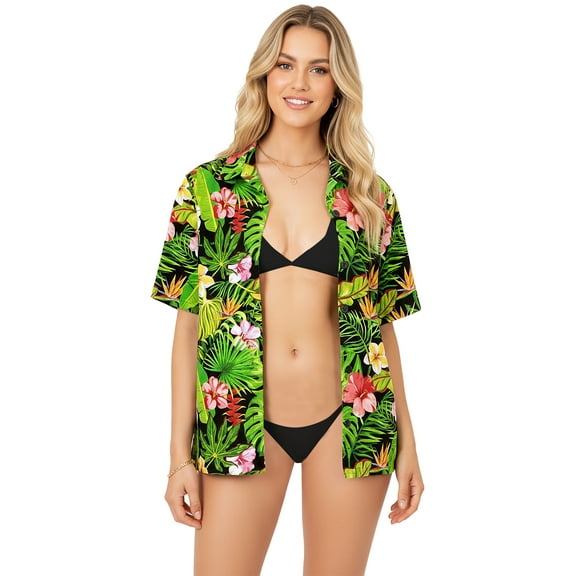 LA LEELA Button Down Shirt for Women Floral Beach Party Blouse Shirt Summer Short Sleeve Vacation Casual Hawaiian Shirts Blouses for Women S Tropical Floral, Black