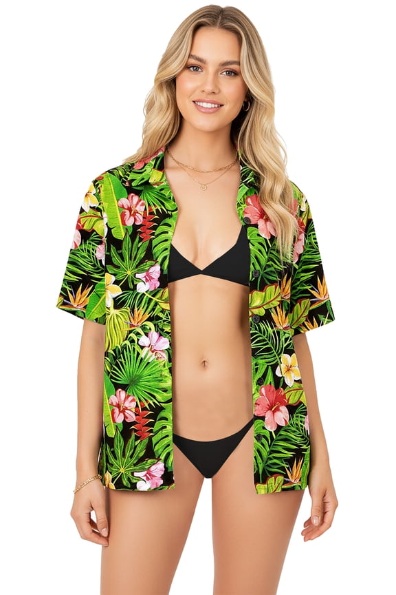 Button Down Shirt for Women Floral Beach Party Blouse Shirt Summer Short Sleeve Vacation Casual Hawaiian Shirts Blouses for Women S Tropical Floral, Black