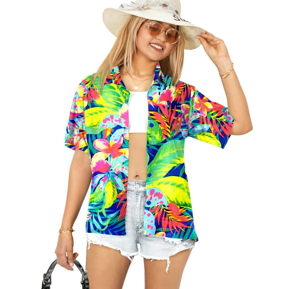 LA LEELA Button Down Shirt for Women Floral Summer Beach Party Blouse Shirt Collared Blouses Short Sleeve Vacation Hawaiian Shirts Tops for Women S Tropical Hawaii, Blue