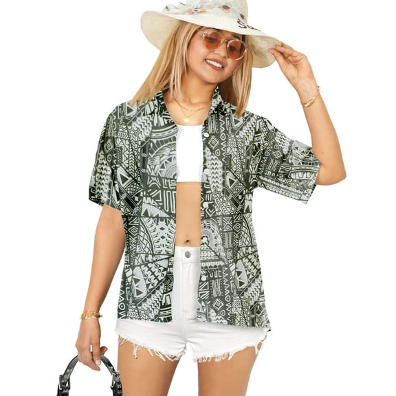 LA LEELA Button Down Shirt for Women Shirt Cotton Linen Effect Short Sleeve Hawaiian Tops Vacation Button up Casual Summer Beach Party Ethnic Blouses for Women M Abstract, Black