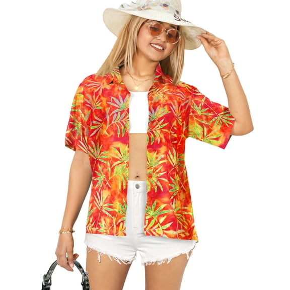 LA LEELA Button Down Shirt for Women Summer Beach Party Blouses Shirt Hawaiian TShirts Short Sleeve Vacation Shirts Blouses for Women XL Fall Leaves, Orange
