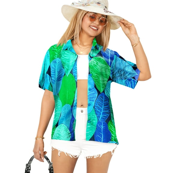 LA LEELA Button Down Shirt for Women Summer Beach Party Short Sleeve Blouse Shirt Open Front Blouses Dress Tee Shirts Hawaiian Dresses for Women XXL Water Leaves, Blue