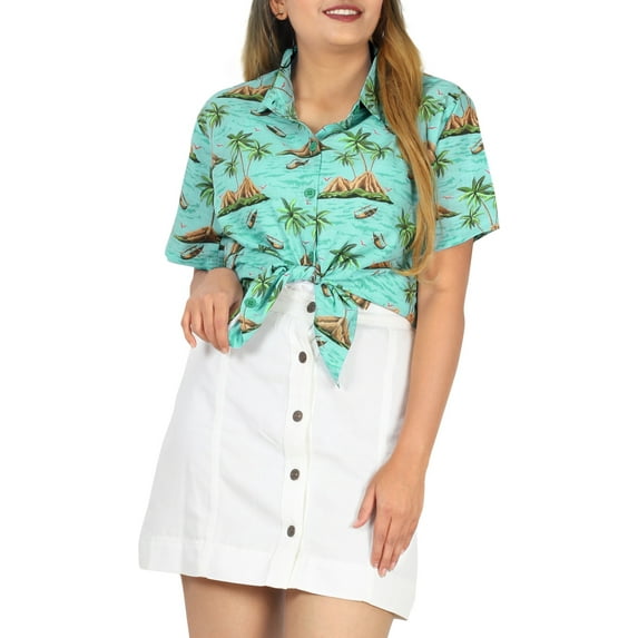 LA LEELA Button Down Shirt for Women Summer Shirt Cotton Linen Effect Summer Blouses Beach Party Short Sleeve Tropical Vacation Button up Shirts for Women S Sea, Palm