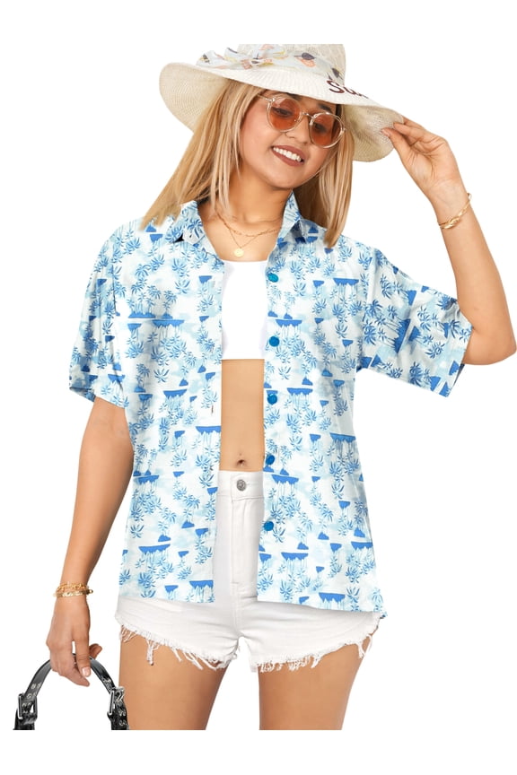 Hawaiian Shirts Womens Bohemian Blouse Cotton Linen Effect Short Sleeve Tropical Vacation Casual Summer Button Down Beach Party Shirts for Women S Palm Tree Island, Blue