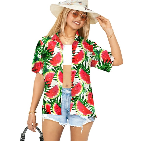 LA LEELA Hawaiian Shirts Womens Casual Beach Party Blouse Shirt Summer Short Sleeve Tropical Vacation Dress Tops Tee Shirts Blouses for Women S Leaf, Red