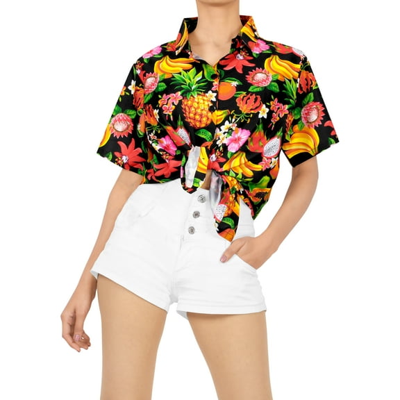 LA LEELA Hawaiian Shirts Womens Casual Beach Party Blouse Shirt Summer Short Sleeve Tropical Vacation Tops Button up Dress Shirts Blouses for Women L Fruit Basket, Black
