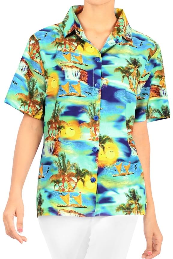 Hawaiian Shirts Womens Casual Summer Beach Party Blouse Shirt Blouses Button up Short Sleeve Vacation Dress Shirts for Women S Beach Island, Blue