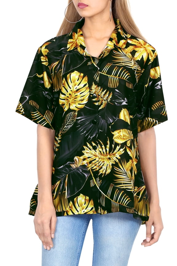 Hawaiian Shirts Womens Casual Summer Beach Party Blouse Shirt Collared Blouses Short Sleeve Vacation Button up Dress Tee Shirts Tops for Women XL Monstera Leaves, Black
