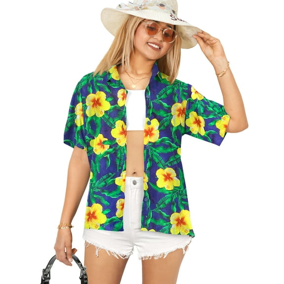 LA LEELA Hawaiian Shirts Womens Casual Summer Beach Party Blouse Shirt Floral Blouses Short Sleeve Tropical Vacation Tops Dress Shirts for Women XXL Allover Flower, Blue