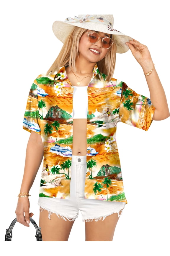Hawaiian Shirts Womens Casual Summer Beach Party Blouse Shirt Hawaii Blouses Short Sleeve Dress Button up Shirts for Women XL Beach Surf, Orange