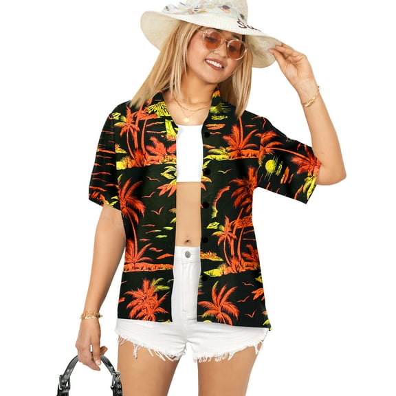 LA LEELA Hawaiian Shirts Womens Casual Summer Beach Party Blouse Shirt Tropical Blouses Short Sleeve Button up Dress Shirts Dresses for Women XL Night View Palm, Black